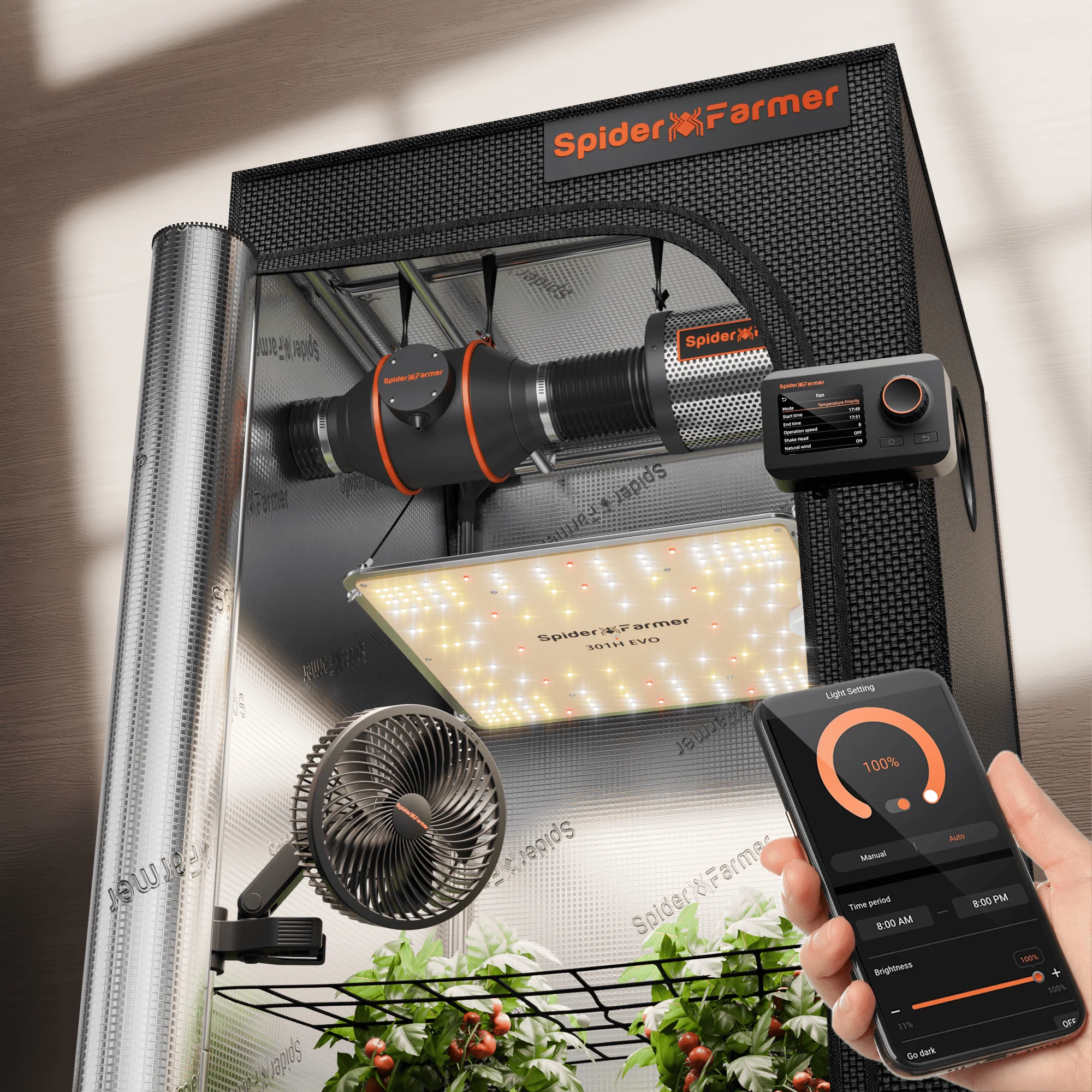 Spider Farmer 2’x2′ Complete Grow Tent Kit丨SF1000 301H EVO Full Spectrum LED Grow Light丨6” Clip Fan丨4” Ventilation System with GGS Controller