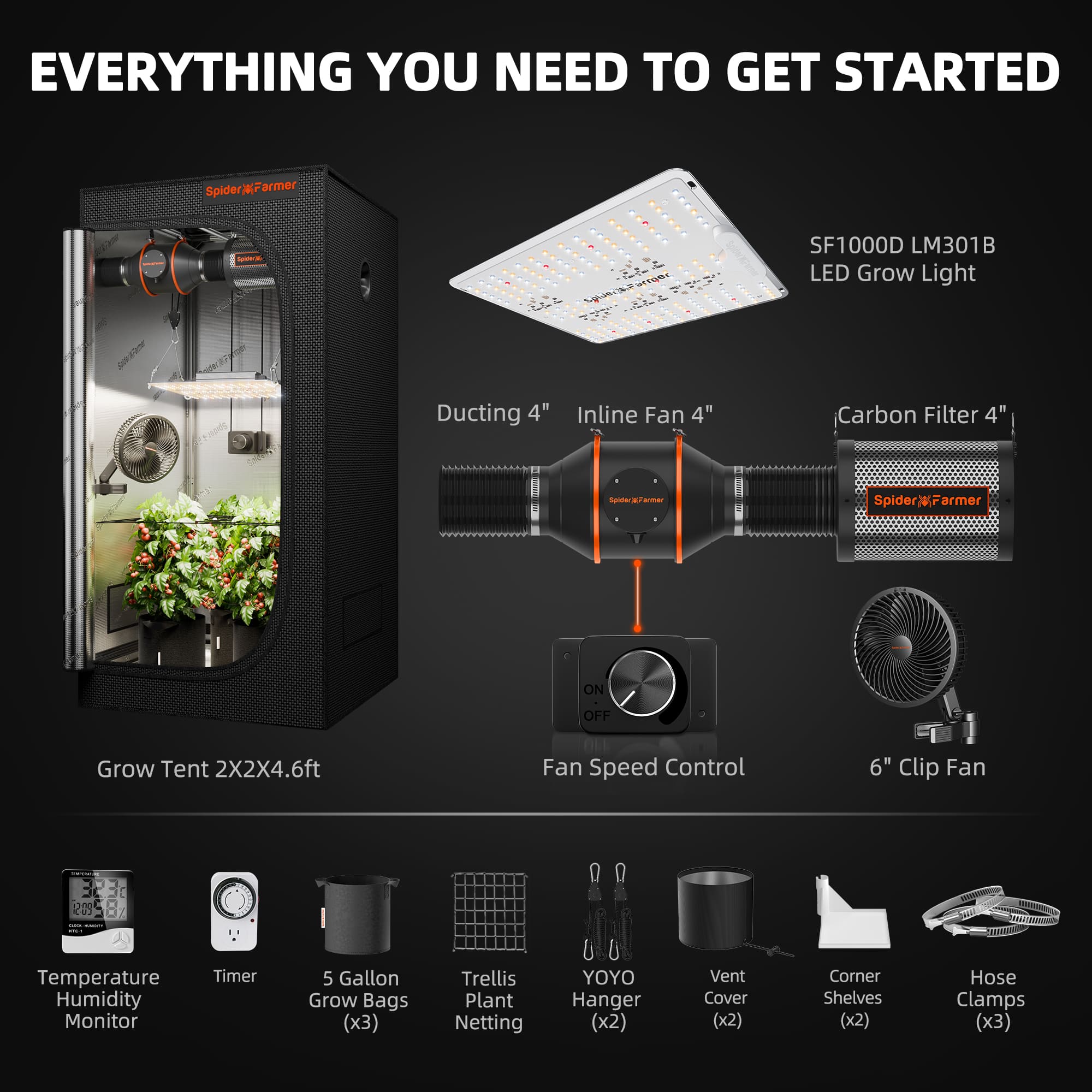 Spider Farmer 2’x2′X4.6′ Complete Grow Tent Kit丨SF1000D Full Spectrum LED Grow Light丨6” Clip Fan丨4” Ventilation System with Speed Controller - Image 18
