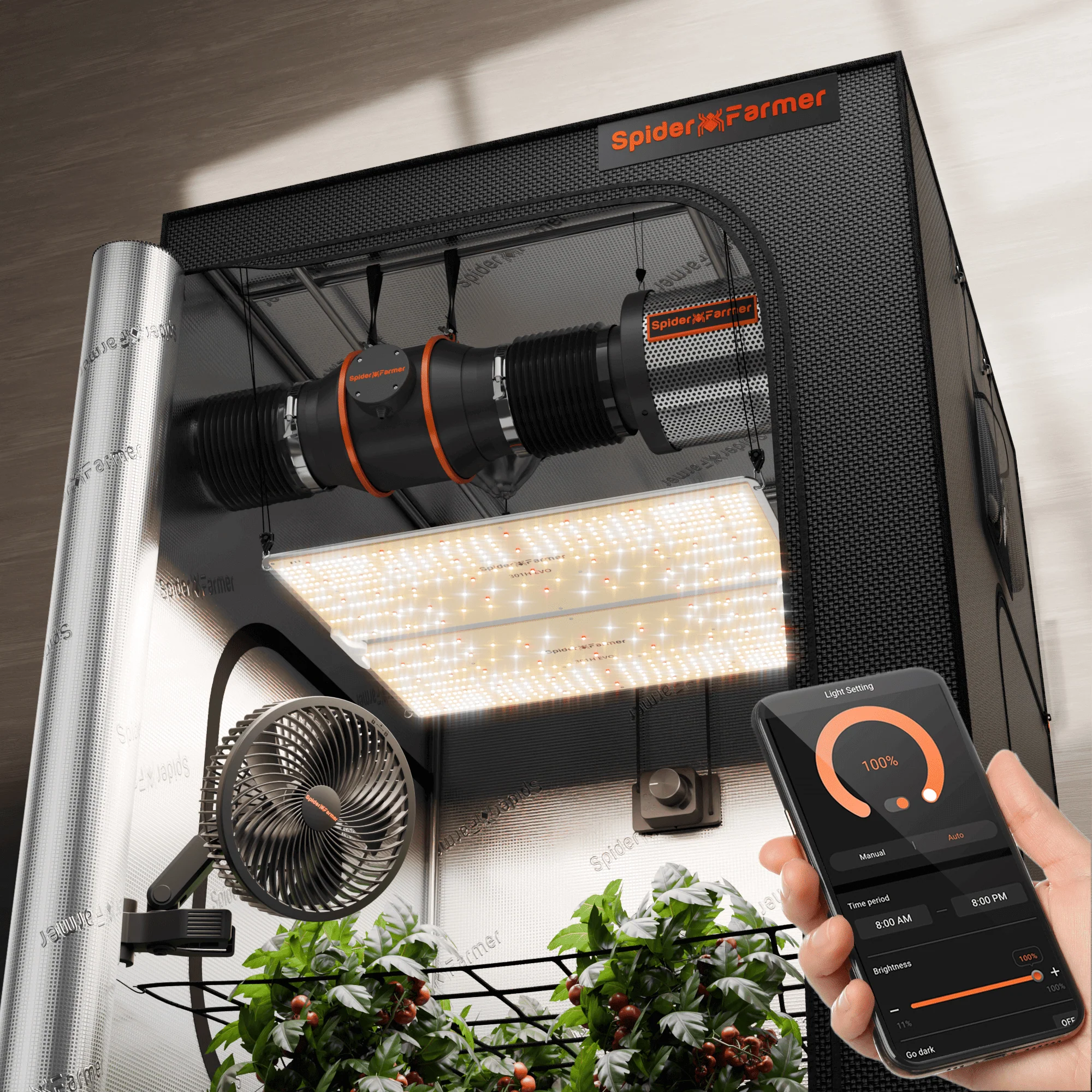Spider Farmer 4’x4′X6.5′ Complete Grow Tent Kit丨SF4000 301H EVO Full Spectrum LED Grow Light丨6” Clip Fan丨6” Ventilation System with Speed Controller