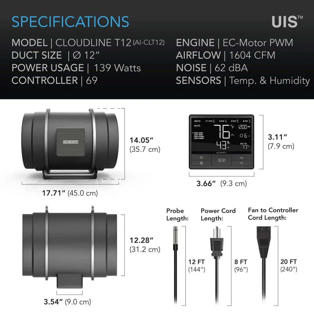 AC Infinity's Cloudline T12 - Inline Duct Fan System w/ Temperature & Humidity Controller - 12 inches - Image 6