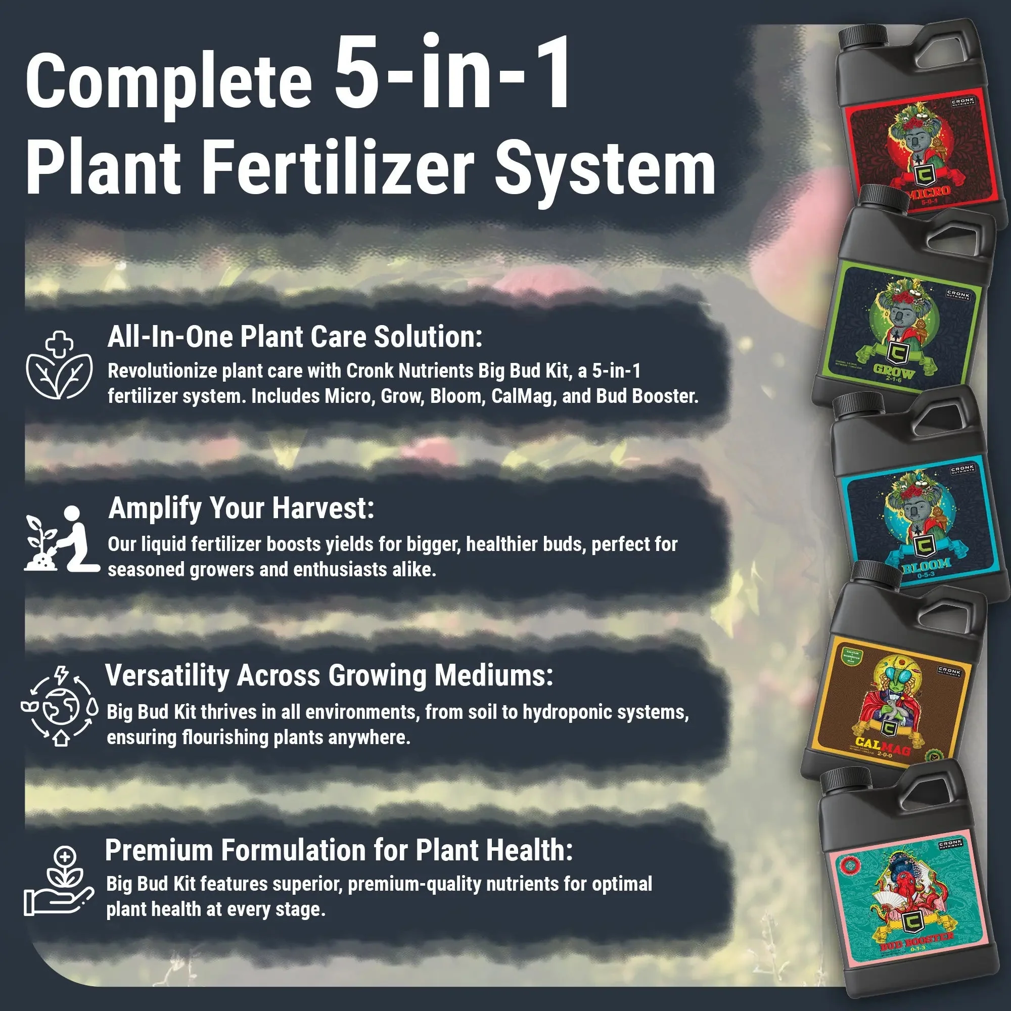 Cronk Nutrients Big Bud Kit Complete Plant Nutrient Solution - Micro, Grow, Bloom, CalMag, and Bud Booster - Image 4