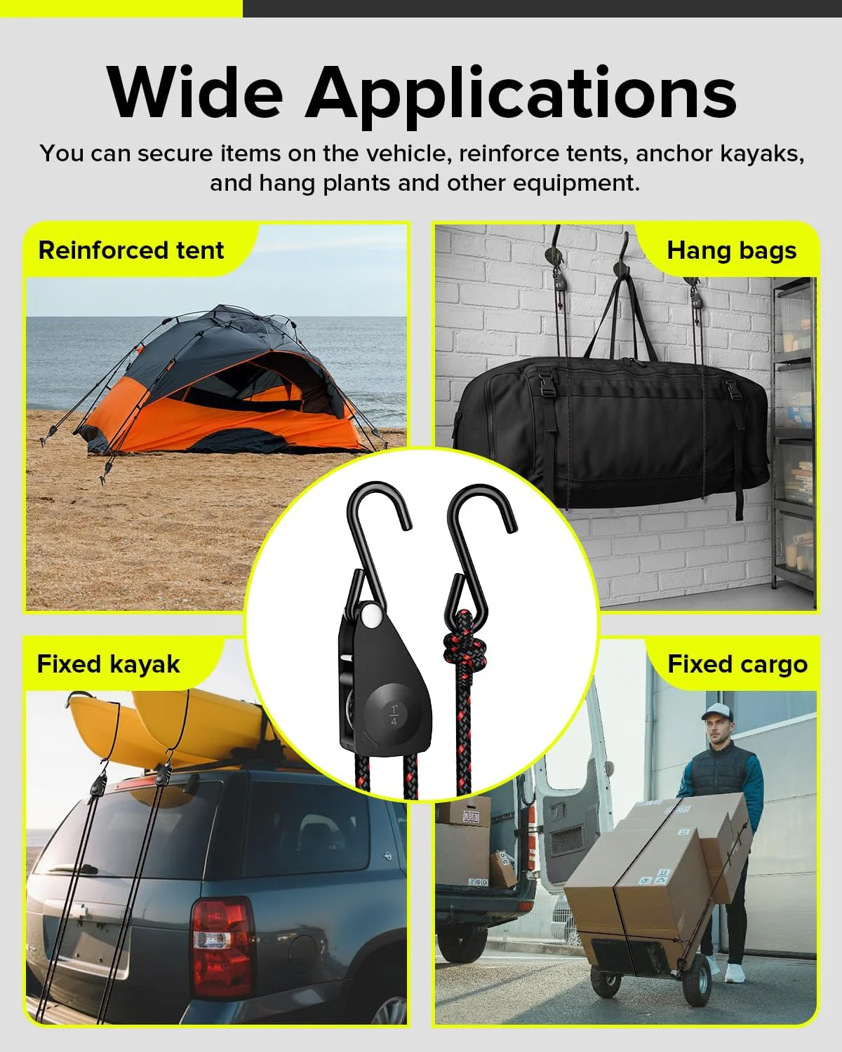 Elufah 1/4" Ratchet Tie Down Straps, 2-Pack & 12FT Adjustable Rope Hangers - Image 8