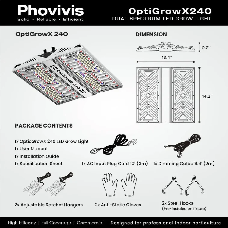 Phovivis OptiGrow X240 220W Full Spectrum LED Grow Light by Hortibloom - Image 5