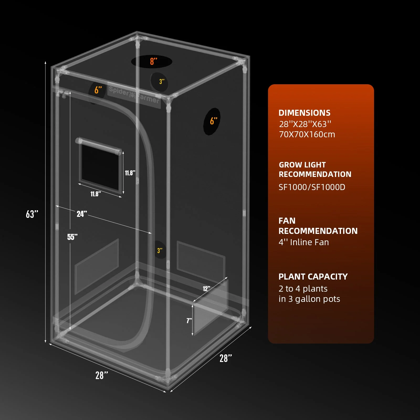 Spider Farmer 2.3’x2.3’x5.2′ 70cm x 70cm x 160cm Indoor Grow Tent - Image 3
