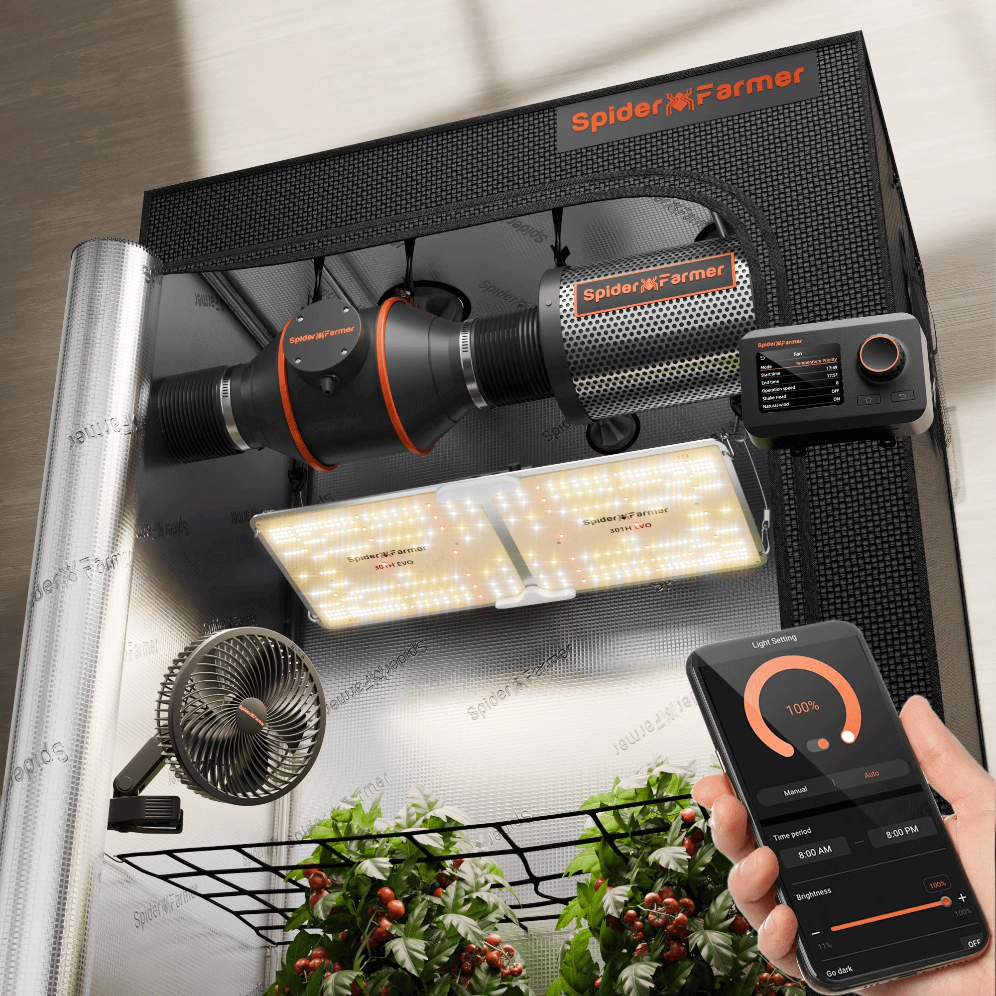 Spider Farmer 2’x4’ Complete Grow Tent Kit丨SF2000 301H EVO Full Spectrum LED Grow Light丨6” Clip Fan丨4” Ventilation System with GGS Controller