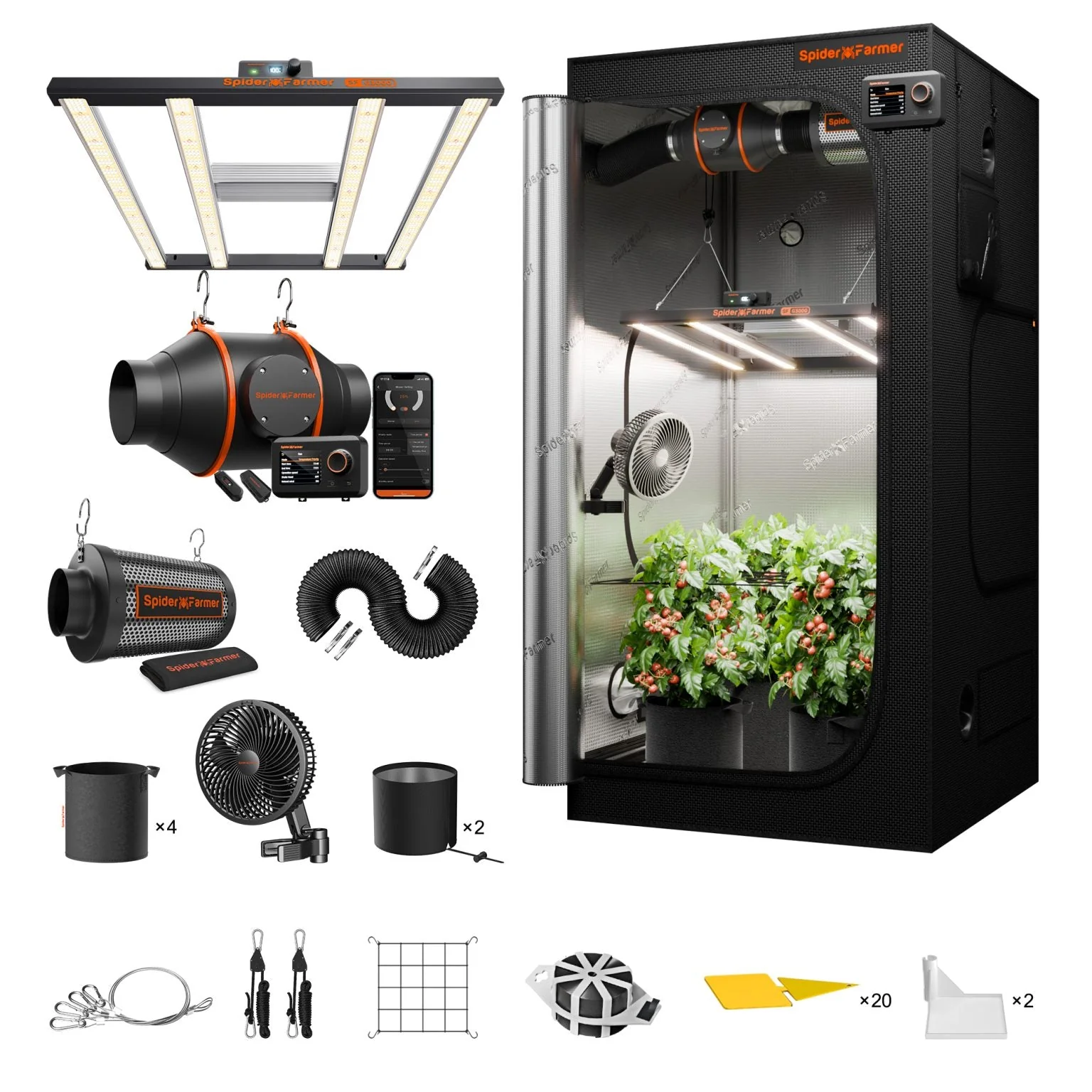 Spider Farmer 3×3′ Complete Grow Tent Kit丨G3000 WiFi & Bluetooth App-Controlled LED Grow Light丨6” Clip Fan丨4” Ventilation System with GGS Controller - Image 3