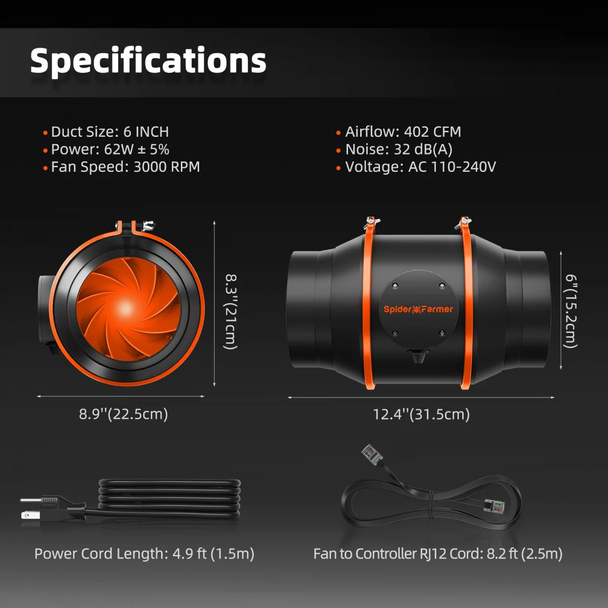 Spider Farmer 6″ Quiet Inline Ducting Fan with Speed Controller & Carbon Filter Ventilation System for Grow Tents, GGS Controller Controllable - Image 3