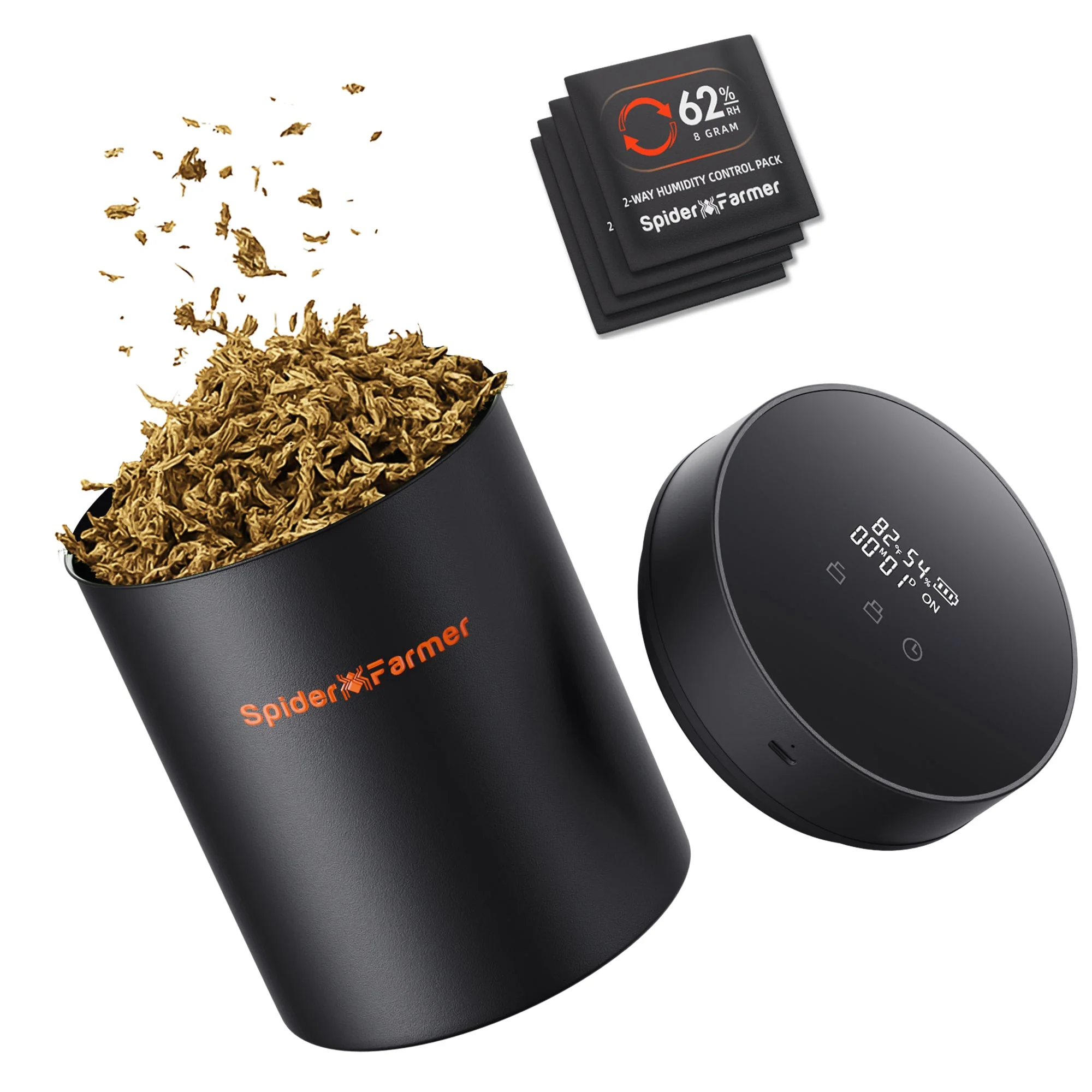 Spider Farmer 2L Auto-Cure Smart Jar | Portable Vacuum Seal Curing Jar with Smart Lid | 4 Pcs 2-Way 62% Humidity Packs | Wide Mouth and Flat Bottom | Curing and Fresh Storage for Coffee, Herb, Mushrooms,Spices, Flower,Foods
