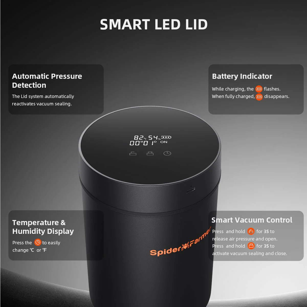 Spider Farmer 2L Auto-Cure Smart Jar | Portable Vacuum Seal Curing Jar with Smart Lid | 4 Pcs 2-Way 62% Humidity Packs | Wide Mouth and Flat Bottom | Curing and Fresh Storage for Coffee, Herb, Mushrooms,Spices, Flower,Foods - Image 3
