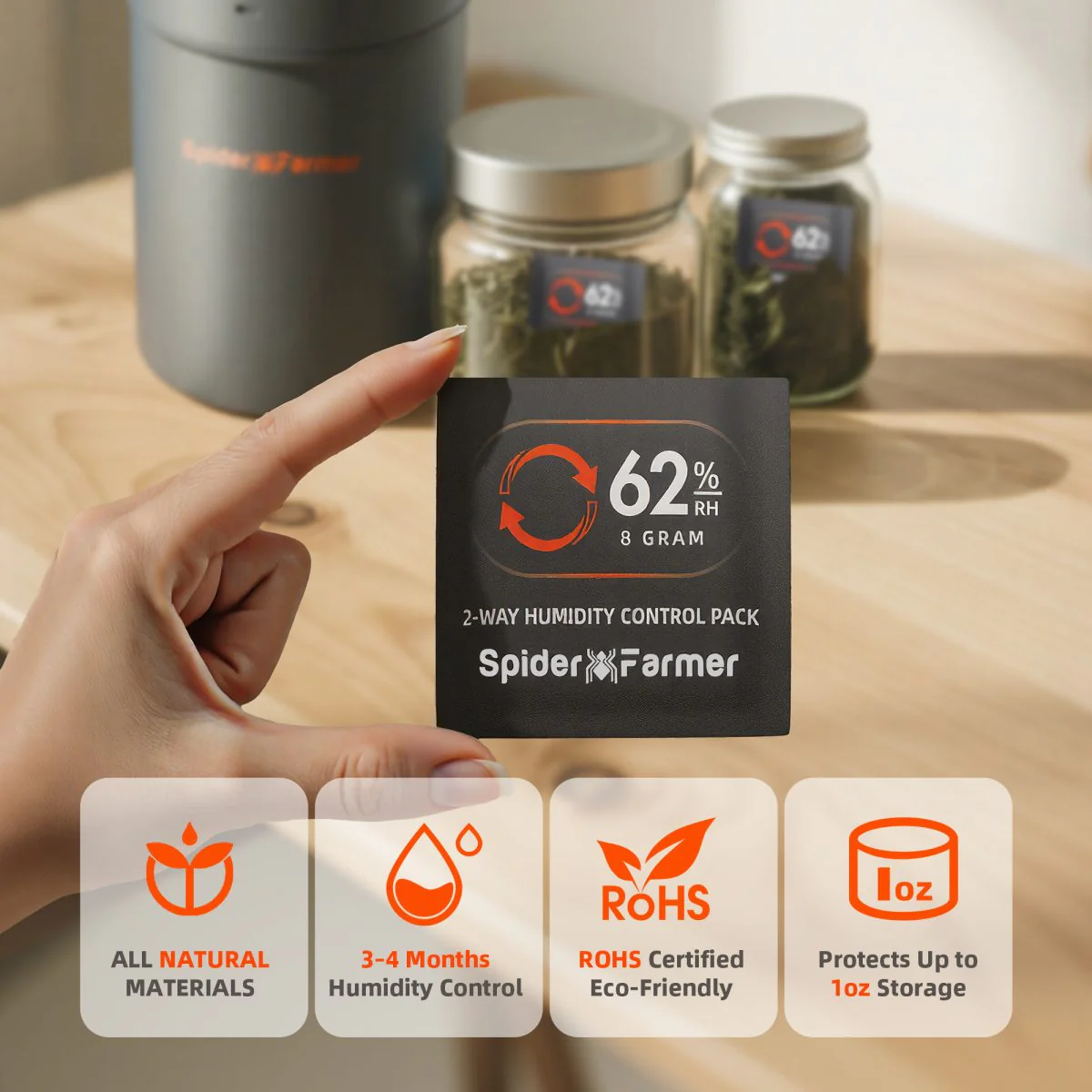 Spider Farmer 62% RH 8g 2-Way Humidity Control Packs | 10 Packs | Each for Storing 1 oz | Moisture Balance for Herbs, Cigar, Food & Wood Products Fresh Storage | Great for Small Storage Containers, Mason jars - Image 7