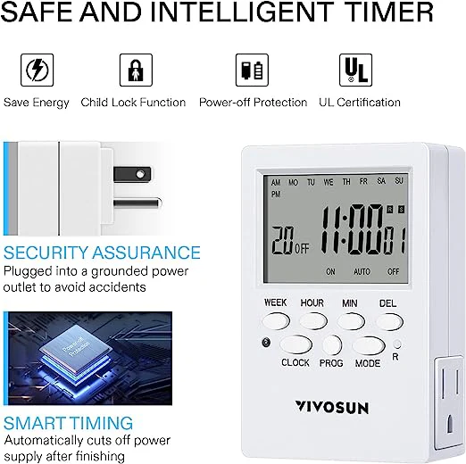 VIVOSUN 7 Day Programmable Digital Timer with Dual Outlet 1-Pack - Image 3