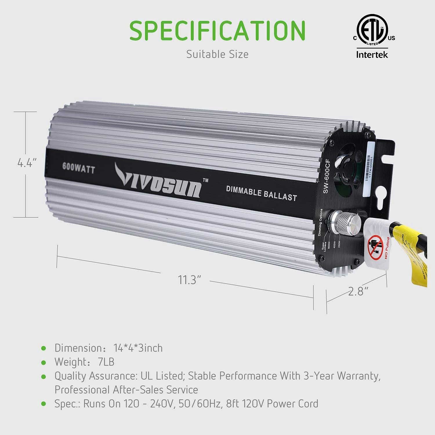 Vivosun Hydroponic 600 & 1000 Watt Grow Light Air Cooled Reflector Kit - Image 3
